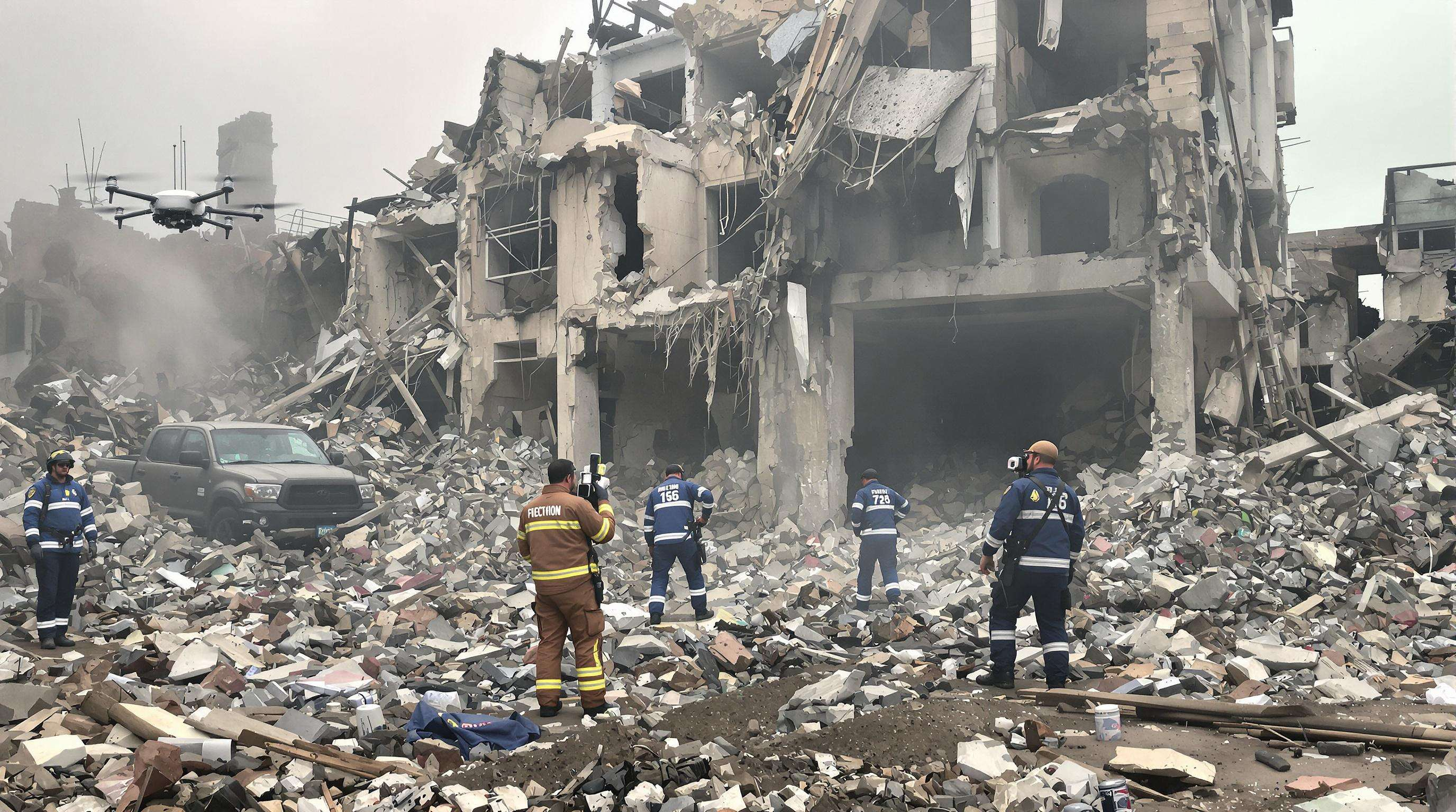 First responders with an acoustic hailing device and drone conducting a search-and-rescue in a collapsed building